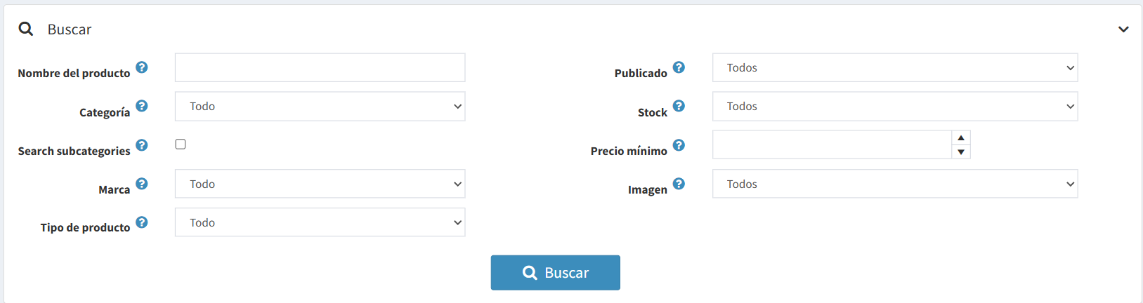 Filtros productos sin publicar